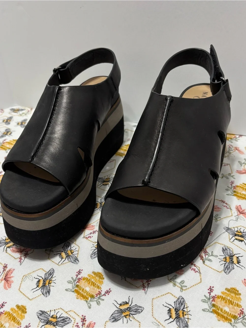 Naked Feet Black Leather Platform Slingback Sandals